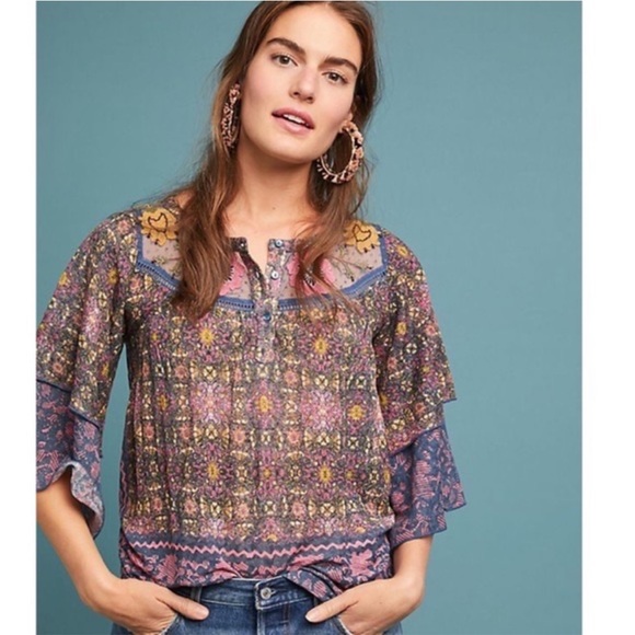 NWT Anthropologie Cuitadella top size Large; lace overlay embroidered flowers - Picture 2 of 16